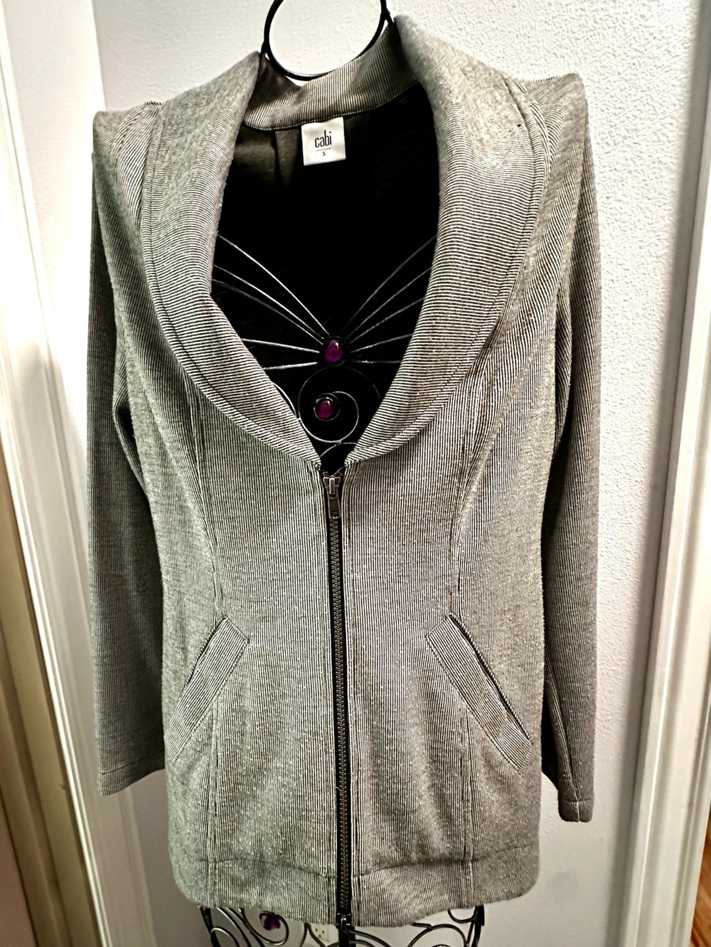 CAbi Style 5300 Gray pin stripe Shawl Collar Two Way Zip Jacket Cardigan S